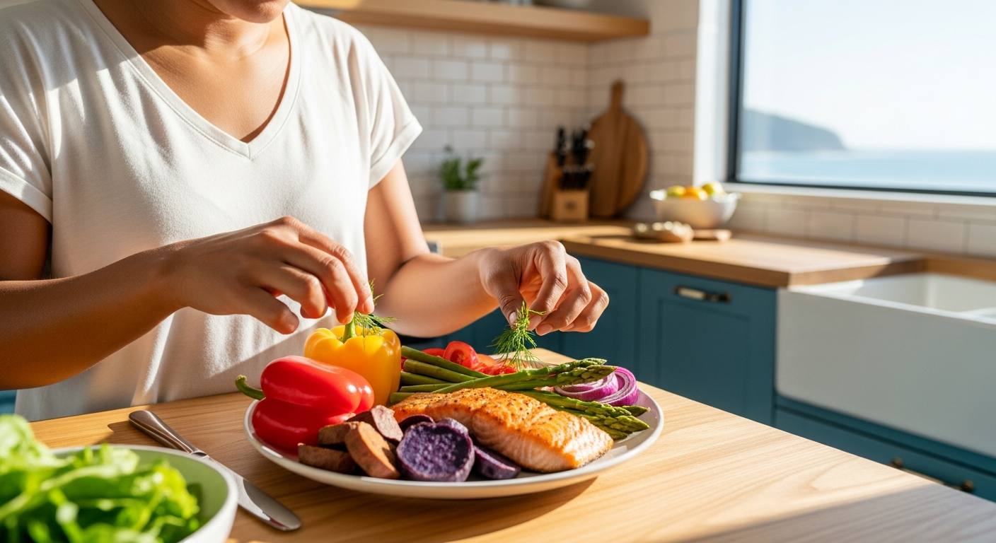 A person preparing a healthy balanced meal in a bright kitchen