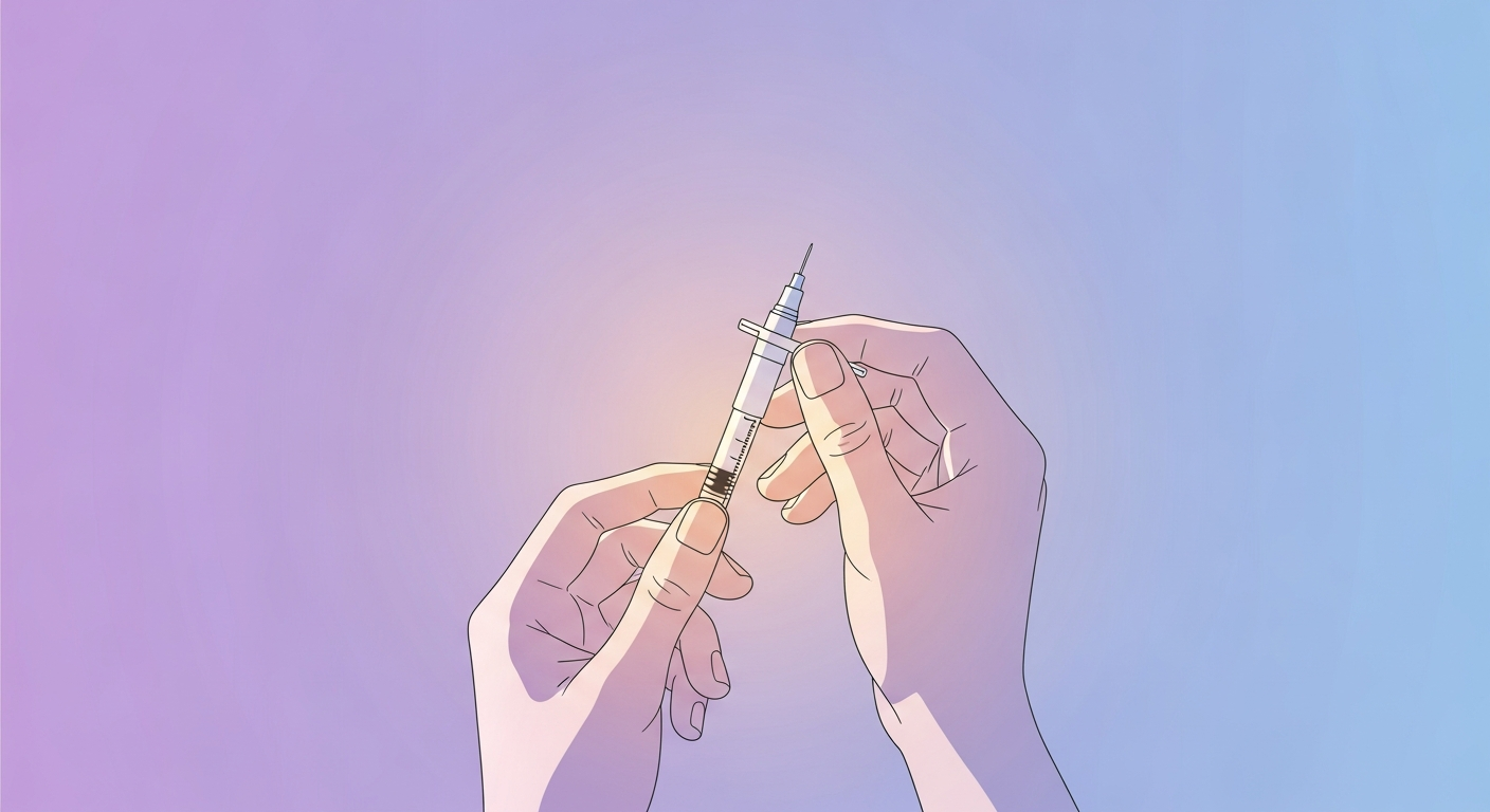 Illustration of hands holding a single-use injection pen