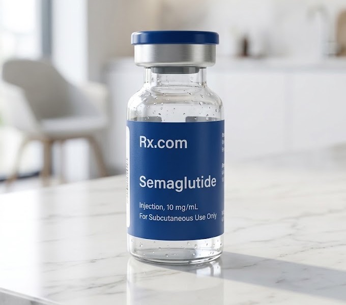Vial of compounded semaglutide with an Rx.com label