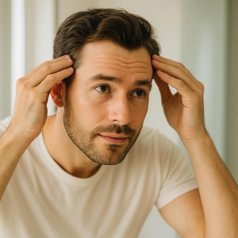 Man checking his hairline in a bathroom mirror