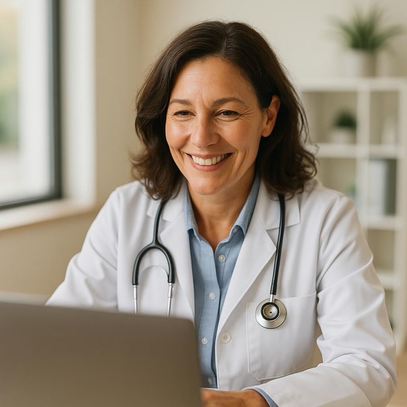 Licensed provider smiling during a video consultation