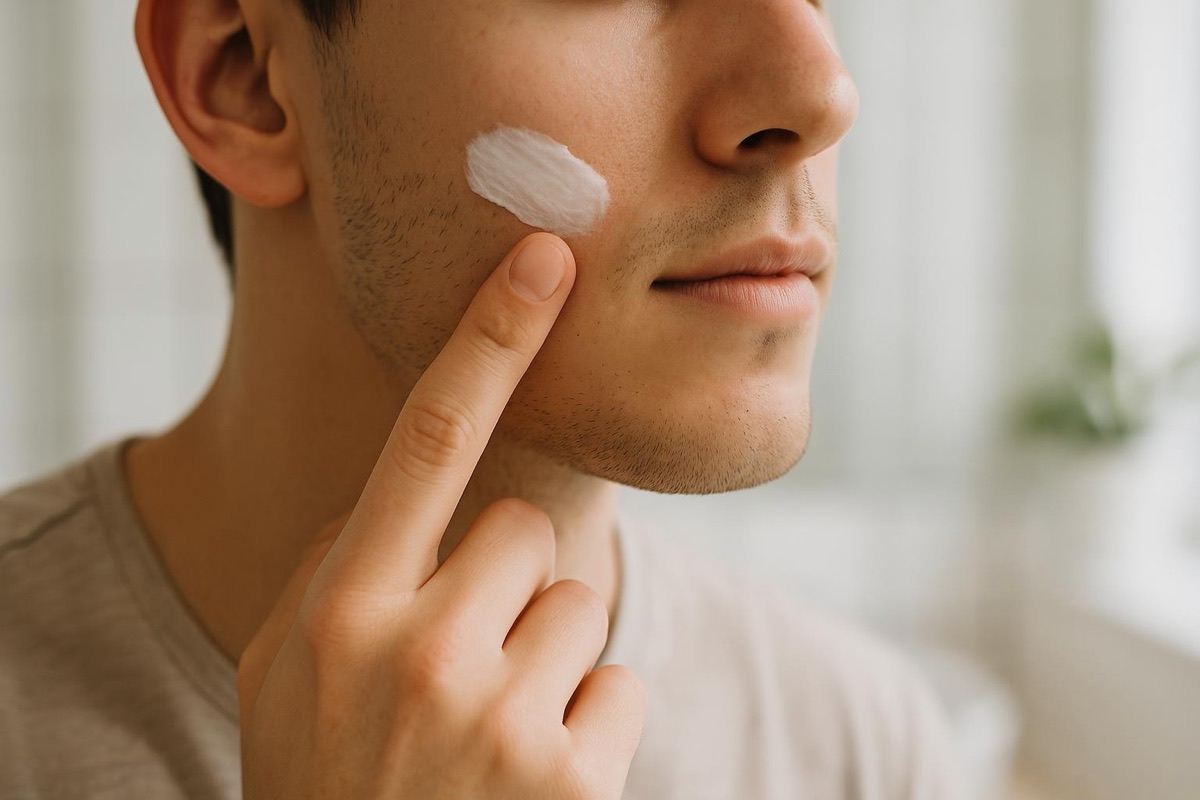 Fingertip applying a thin layer of cream along the jawline