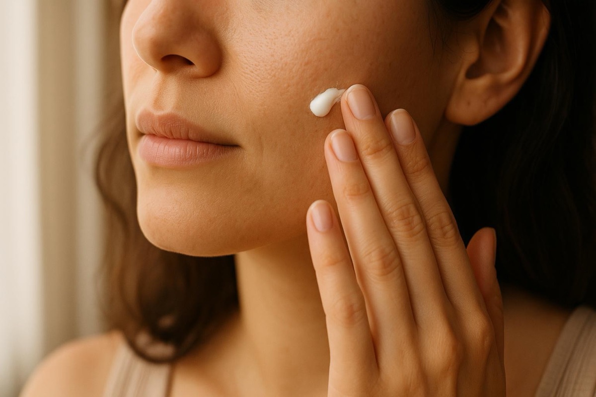 Fingertips applying cream to a cheek in soft window light