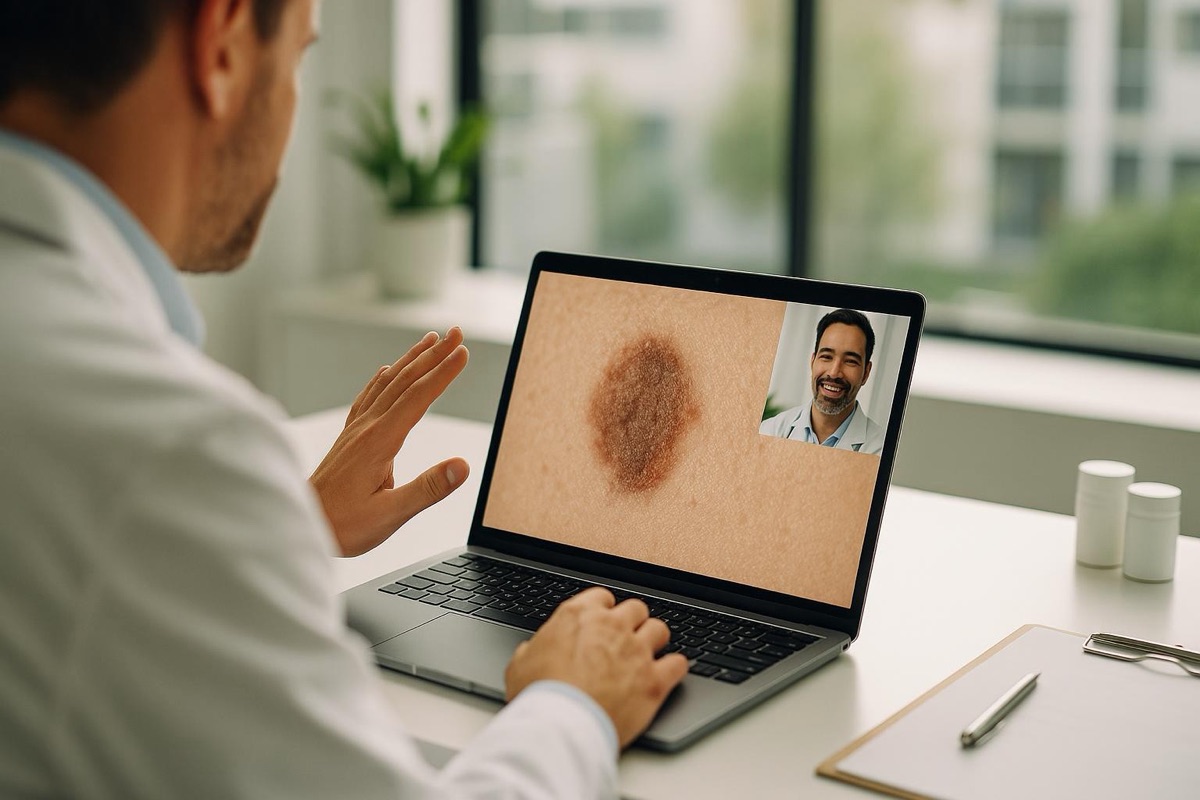 Provider reviewing a skin photo on a video call