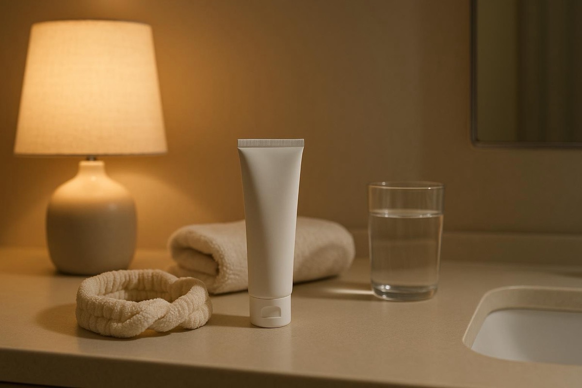 Bathroom vanity at night with a cream tube, towel and glass of water