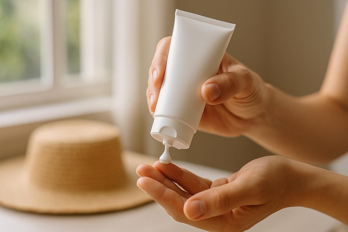 Sunscreen squeezed onto fingertips by a sunny window