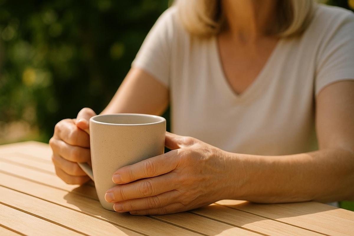 Hands of an older woman holding a coffee mug in the sun