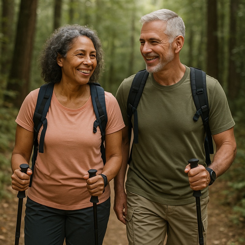 Fit couple in their late 50s hiking a forest trail