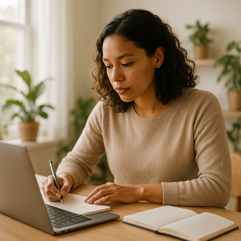 Woman working focused at a bright home office desk