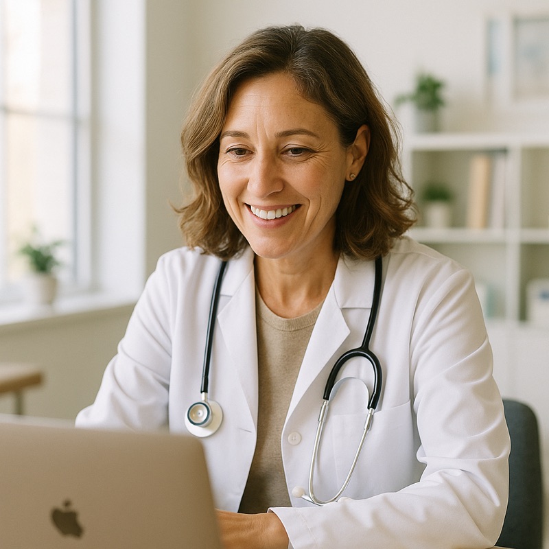 Licensed provider smiling during a video consultation