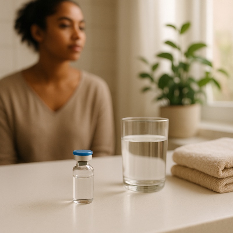 Bright bathroom counter in the morning with a small medicine vial and a glass of water