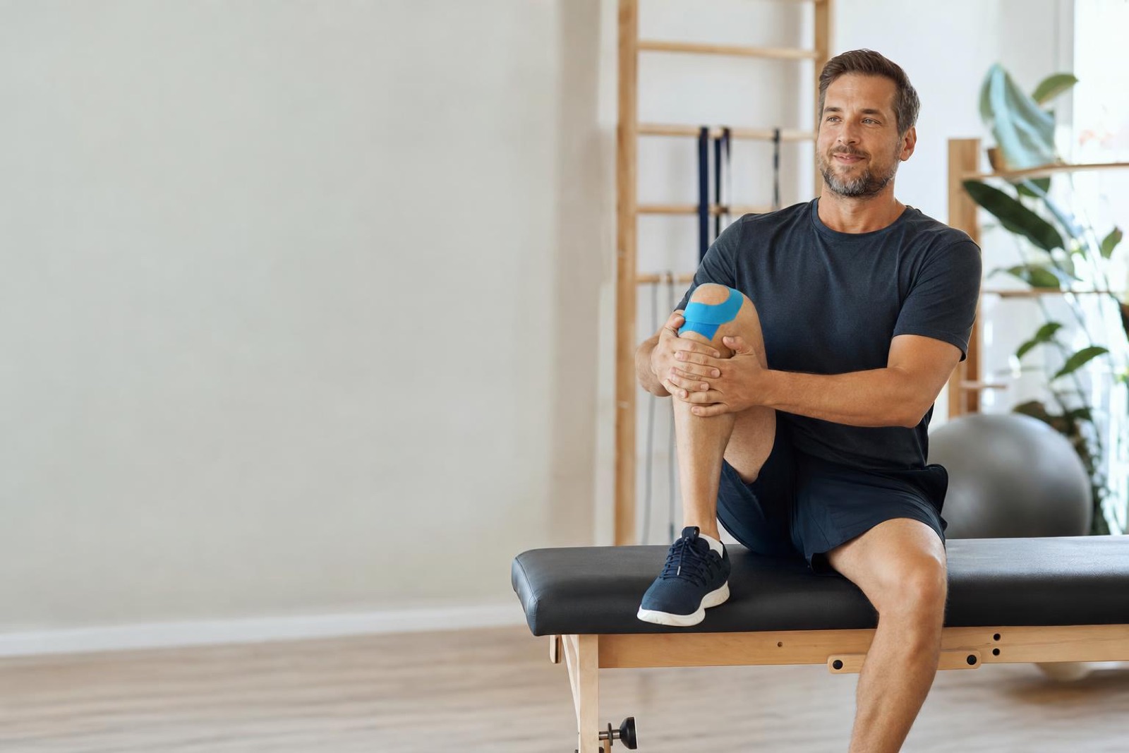Man with kinesiology tape on his knee sitting on a physical therapy bench, recovering from a tendon injury