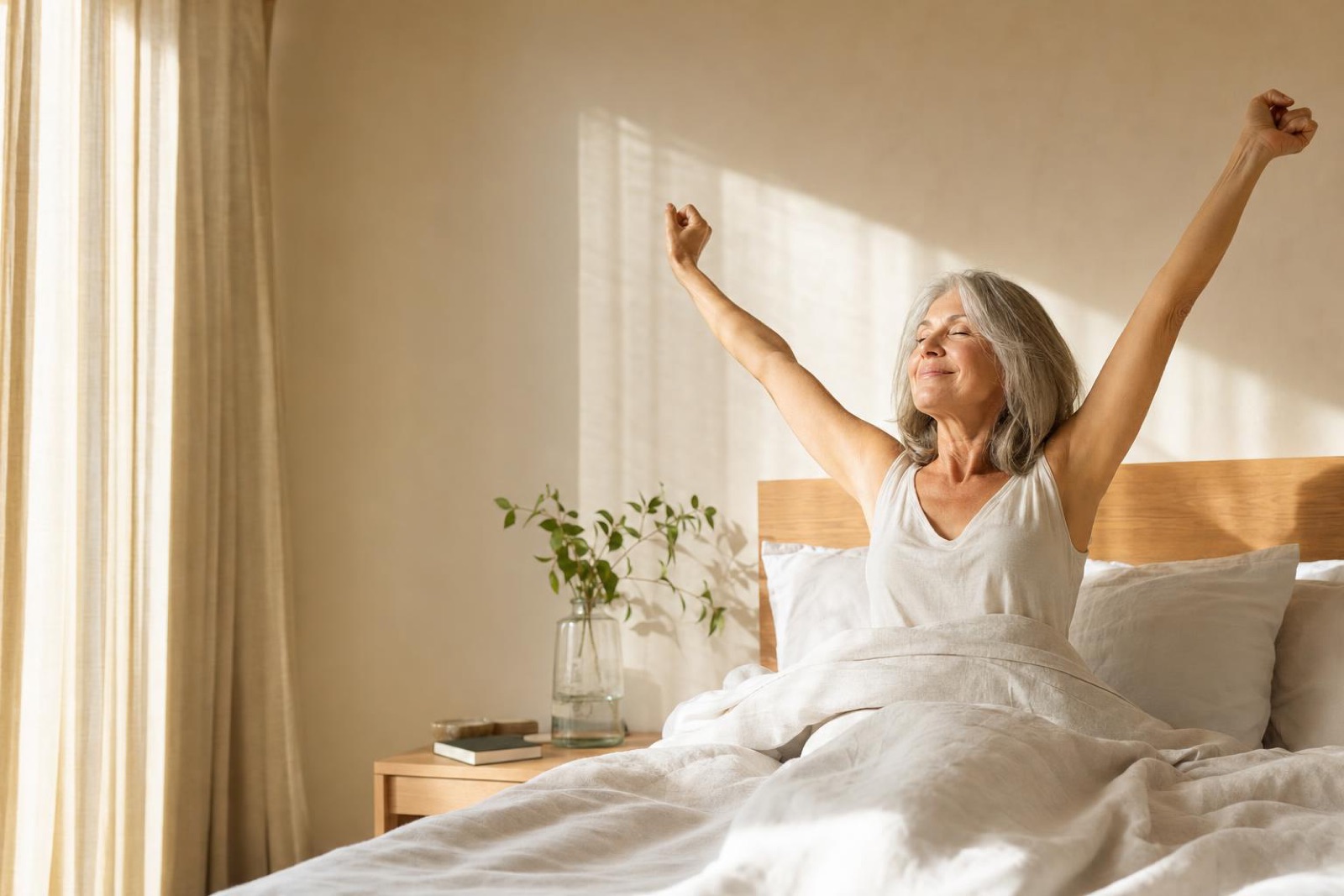 Woman in her 50s stretching in bed after waking up rested at sunrise