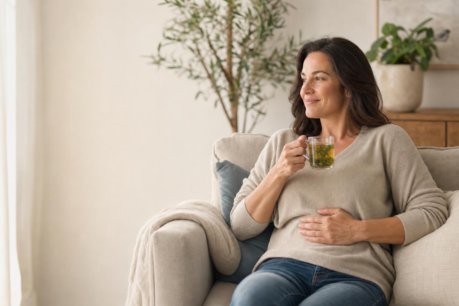 Relaxed woman on a sofa with a hand resting on her stomach and a cup of herbal tea