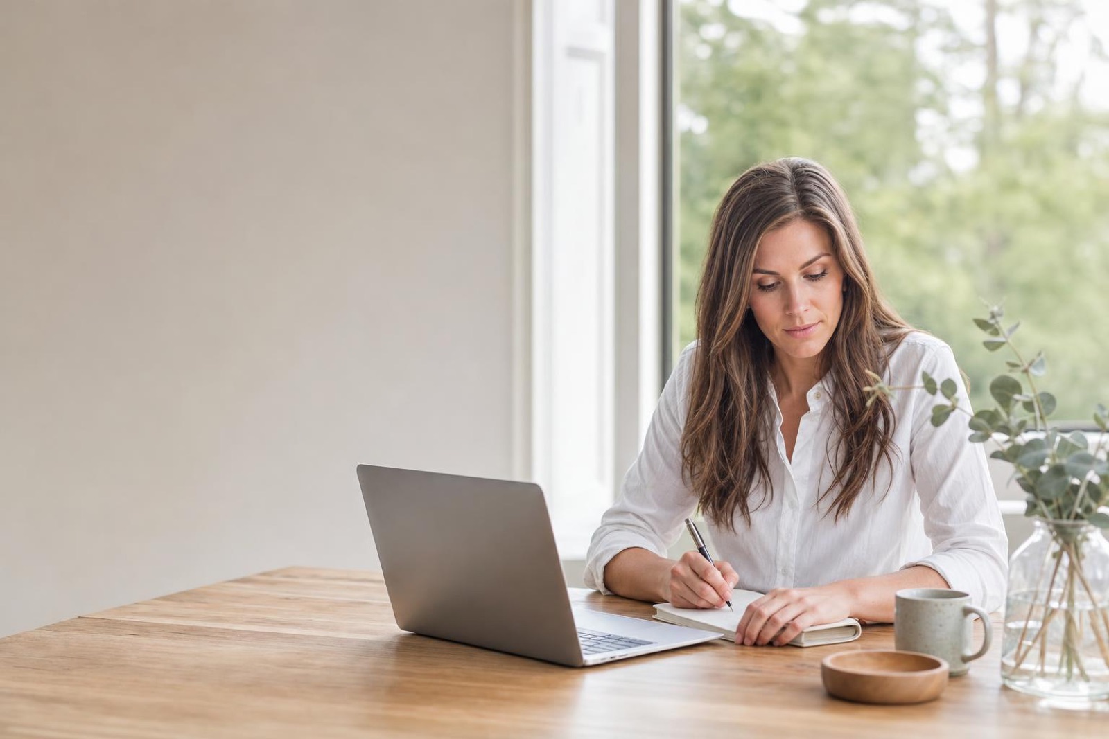 Woman writing in a notebook in deep focus at a desk by a window