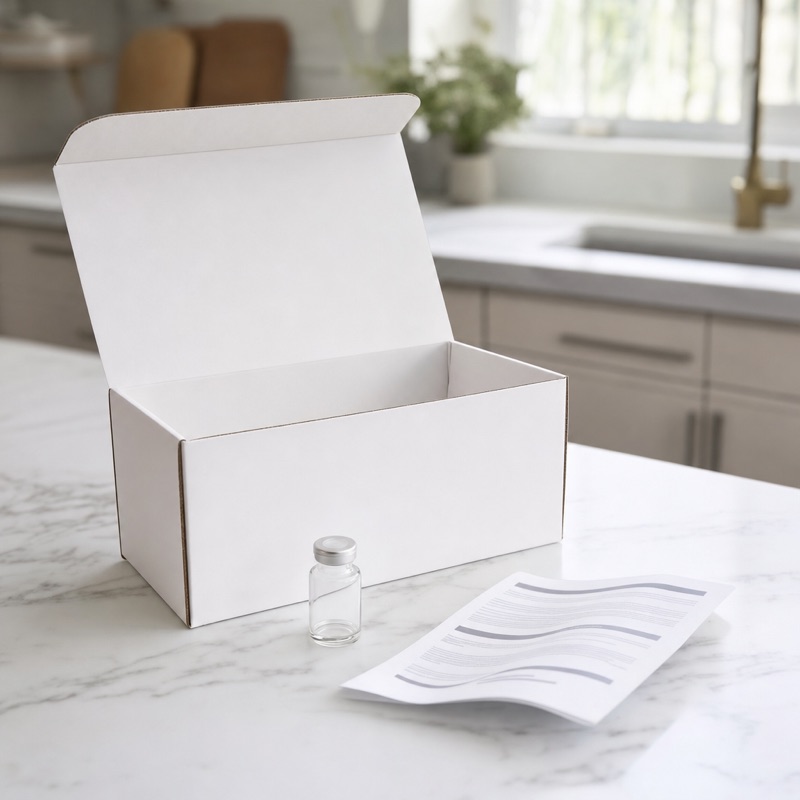 Open pharmacy shipping box on a kitchen counter with a small glass vial and an instruction sheet