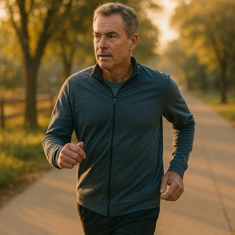 Man in his 50s on a brisk morning walk