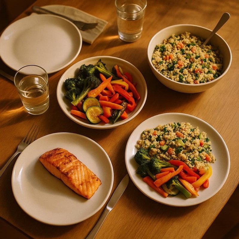 Healthy home-cooked salmon and vegetable dinner