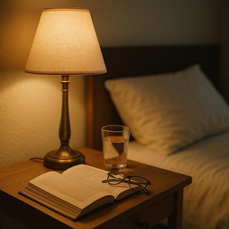 Bedside table at night with a reading lamp, book and glass of water