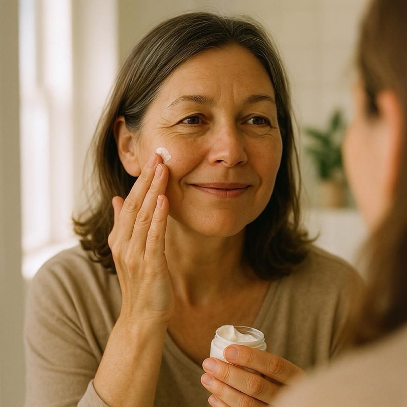 Woman in her 50s applying moisturizer in the morning