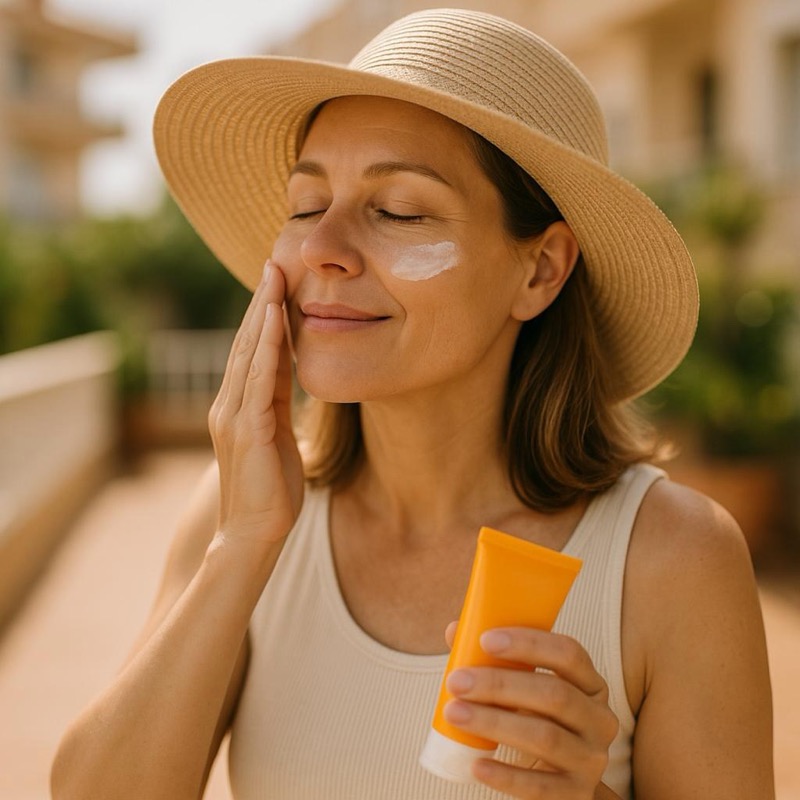 Woman applying sunscreen outdoors in a sun hat